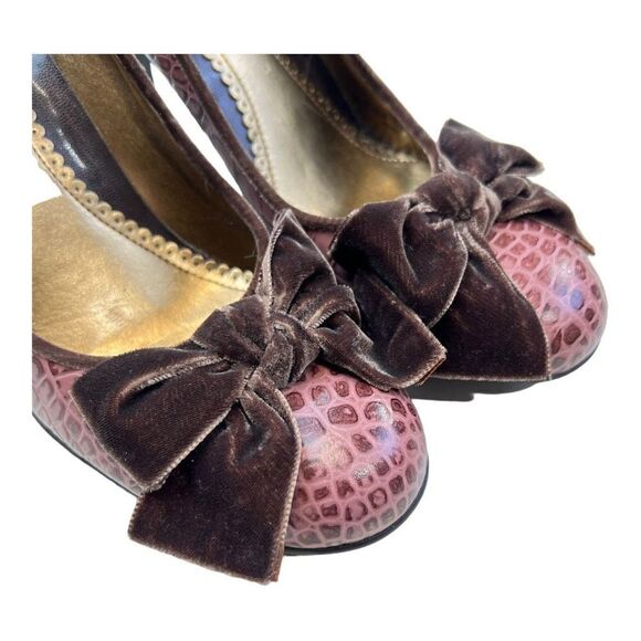 Franco Sarto Heels Vintage 90's Brown Croc Print Leather Pump 7.5 Velvet Bow - Picture 10 of 10